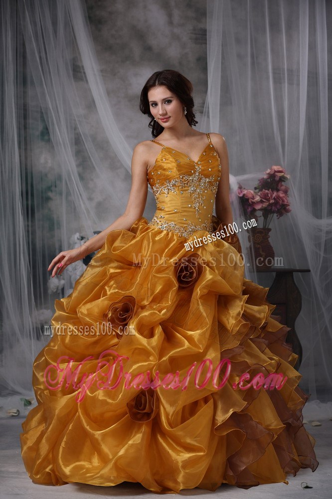 Brown Ball Gown Straps Beading and Appliques Quinceanera Dress Pick-ups